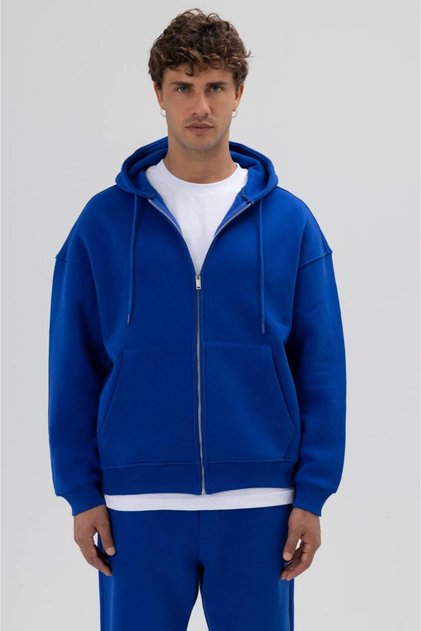 Zippered Blue Premium Unisex Oversize Hoodie Hooded Sweatshirt
