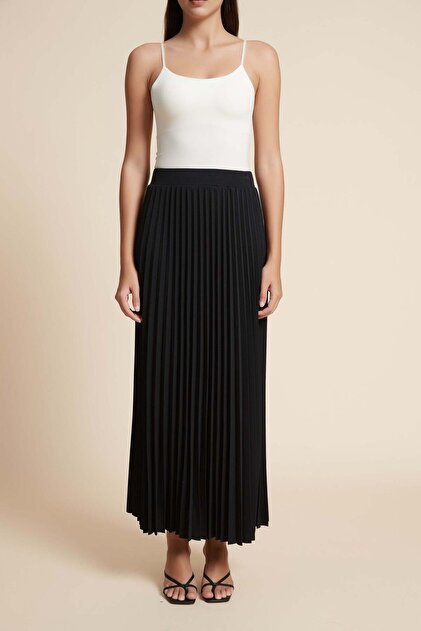 Solid Pleated Midi Skirt