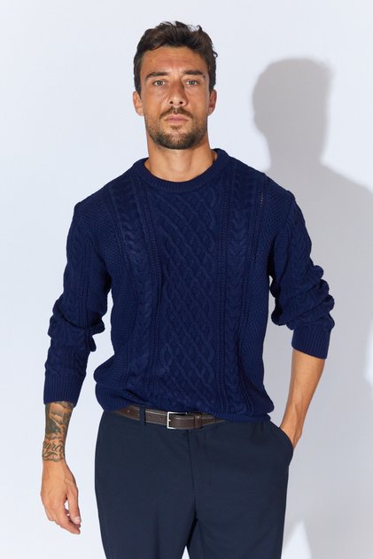 Crew Neck Knitted Regular Fit Sweater - Navy Blue | Ee100515245