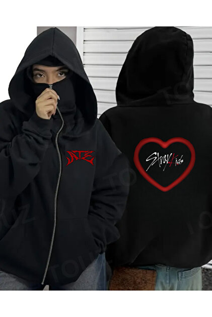 DISH// HAPPY パーカー ブラック M Touz Moda Stray Kids Maske Detaylı Oversize Fermuarlı Siyah Unisex