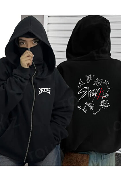 Touz Moda Stray Kids Maske Detaylı Oversize Fermuarlı Siyah Unisex