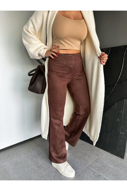 Kahve Zımbalı Süet Pantolon