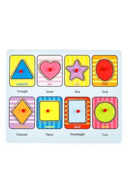 Puzzle incastru, din Lemn, Forme Geometrice, Color, Cuvinte, 8 piese - 22x18cm