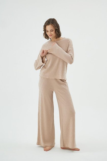 Kadın Uzun Kollu Geniş Paça Bej Pijama Takımı C7T7N961