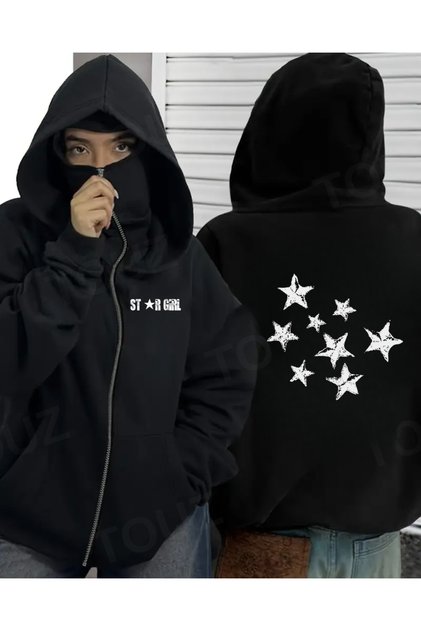 Stargirl Mask Detailed Oversize Zippered Black Unisex Hooded Cardigan