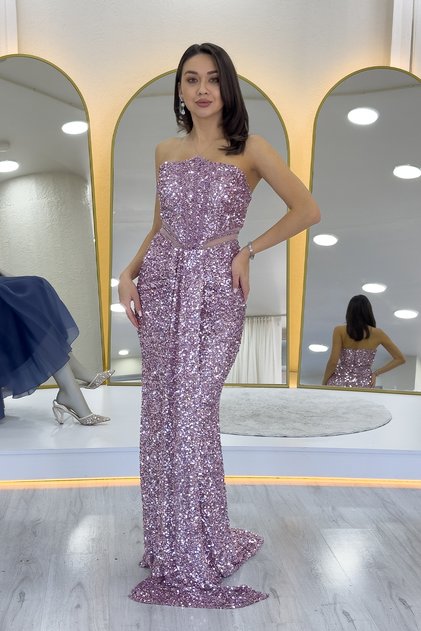 Strapless Sequin Waist Low-Cut Evening Dress Silver, Cobalt Blue, Gold, Powder, Navy Blue, Black, Baby Blue