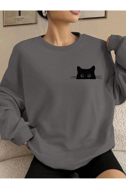Smoked Oversize Wide Fit 3 Thread Raised Sweatshirt – Crew Neck Cat Printed Thick Sweatshirt