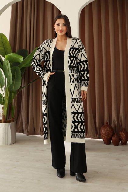 V-Neck Off-The-Shoulder Long-Sleeved Geometric-Shaped Jacquard Midi Below-The-Knee Length Thick Winter Knitwear Cardigan