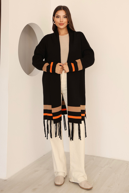 U-Neck Long Sleeve Striped Stripe Interlace Pattern Skirt Tassel Shawl Look Seasonal Knitwear Cardigan