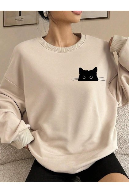 Ecru Oversize Wide Fit 3 Thread Raised Sweatshirt – Crew Neck Cat Printed Thick Sweatshirt