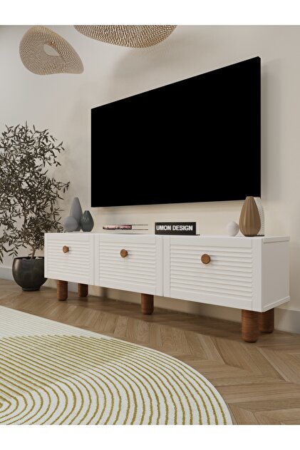 Havana Tv Ünitesi 150 cm Üç Kapaklı Panjur MDF Kapak Raflı Ayaklı Bohem TV Sehpası