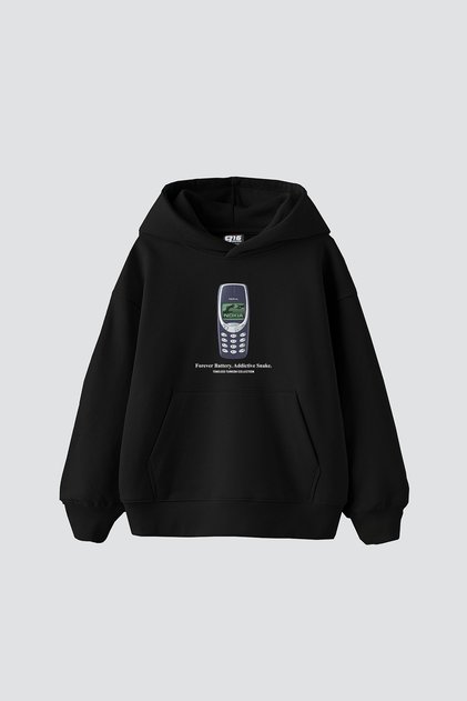 Forever Battery Printed Oversize Unisex Black Hoodie