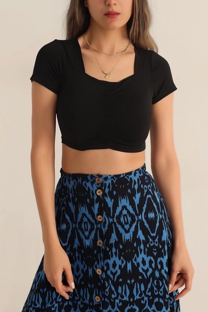 Women's Black Square Neck Front Gathered Crop Blouse Hzl23S-Snd120151
