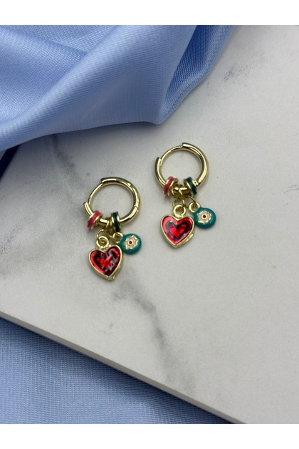 Gold Colored Hoop Earrings with Heart and Evil Eye Bead Figures