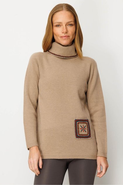 Women's Degaje Collar Pocket and Collar Crocheted Wool Sweater Beige