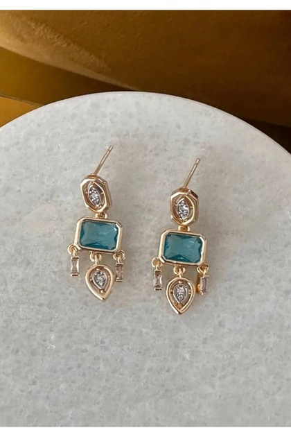 Gold Detailed Blue Colored Zircon Stone Brand Model Earrings
