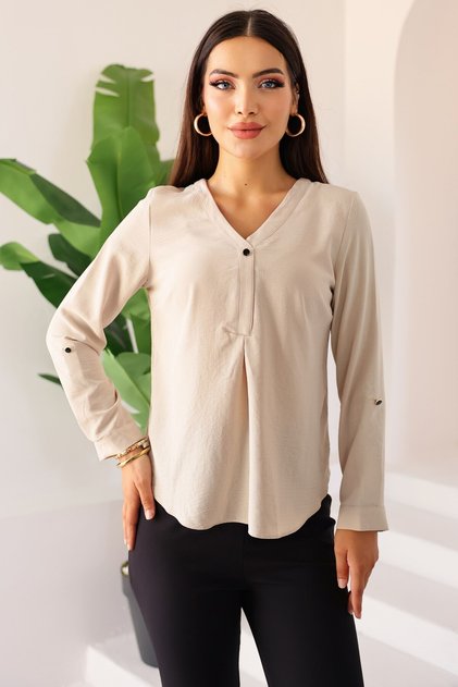 Women's V-Neck Long Sleeve Relaxed Fit Button-Up/ Button Detail Blouse - for Casual and Office Outfits