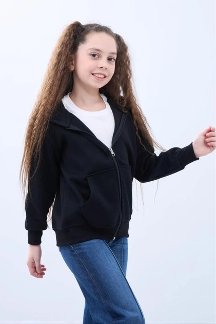 Black 100% Organic Cotton Girls' Sweatshirt Cardigan with 3-Ply Fleece, Hood, Zipper, and Kangaroo Pocket