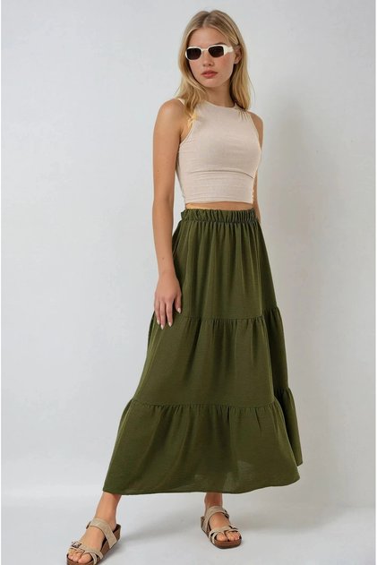 Women's Khaki Elastic Waist Ayrobin Long Skirt Hzl25S-Bd180481