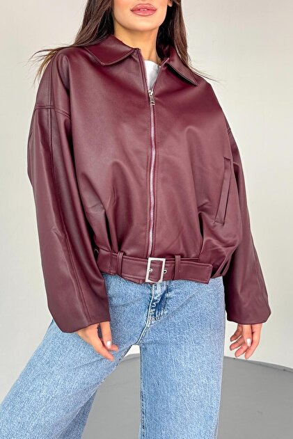 Jaglion Luvren Burgundy Street Style Belted Bomber Zr Leather