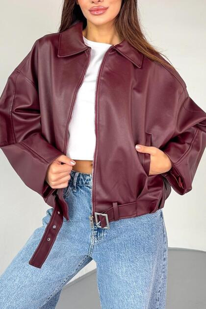 Jaglion Luvren Burgundy Street Style Belted Bomber Zr Leather