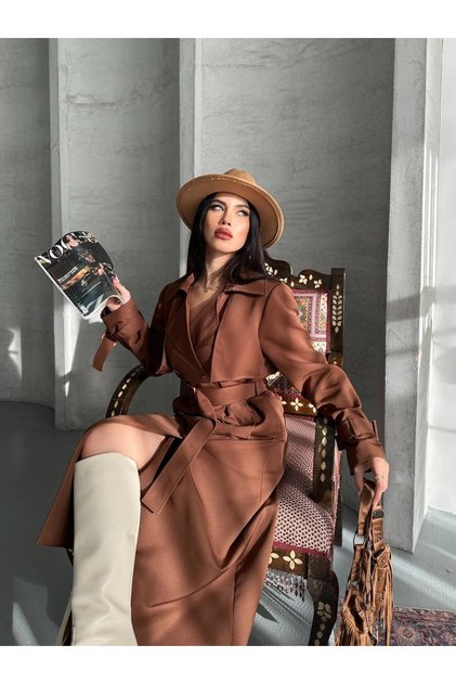 Women's Oversize Long Lined Belted Double Button Trench Coat