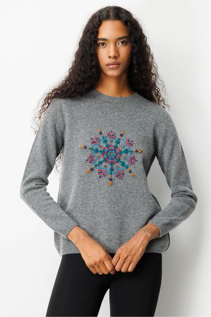 Women's Crew Neck Snowflake Embroidered Wool Sweater Smoked