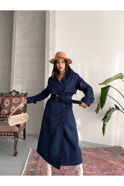 Women's Oversize Long Lined Belted Double Button Trench Coat