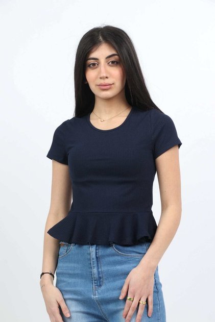 Solid Ruffle-Hem Half-Sleeve Top