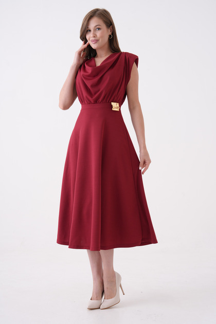 lovebox Burgundy Stretch Crepe Fabric Detachable Collar Shoulder Padding  Detail Flared Midi Evening Dress 77129- Trendyol