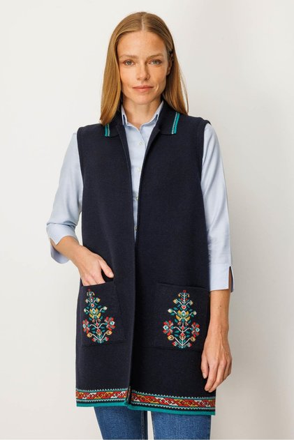 Women's Polo Neck Skirt Hem Kilim Patterned Long Wool Vest Dark Blue