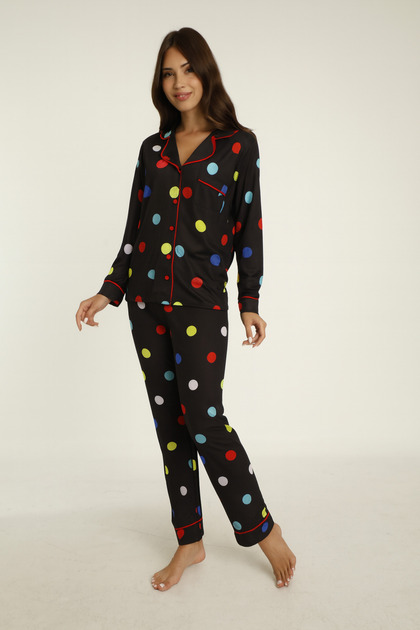 Women's Shirt Collar Front Buttoned Black Color Polka Dot Buttoned Long Sleeve Pajama Set