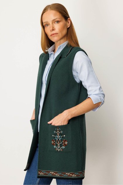 Women's Polo Neck Hem Kilim Patterned Long Wool Vest Green