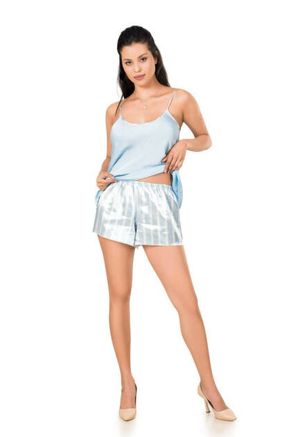 Baby Blue Satin Striped Shorts and Spagetti Straps Top Woven Fashion Pajamas Set MPNW226B