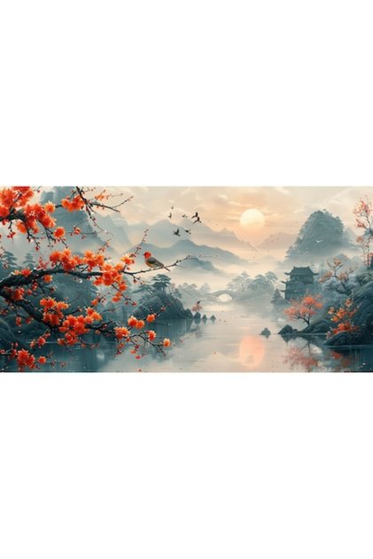 Tablou Canvas living, Peisaj in Japonia, pasari munti, lac, padure, flori, natura 100 x 50 cm