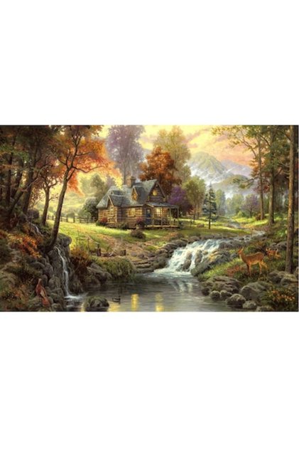 Pictură pe pânză, Ideal Cabin 7, Peisaj, Munte, Râu, Cabană, 80 x 50 cm, Multicolor