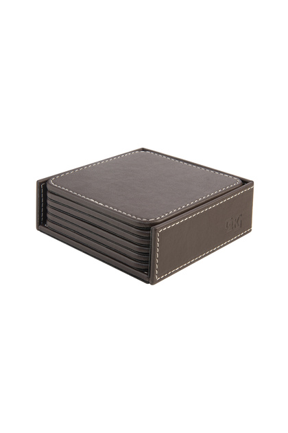 Coasters, Set of 6, Desktop Square Cup Coaster, Vegan Faux Leather, 11X11 Cm., Brown