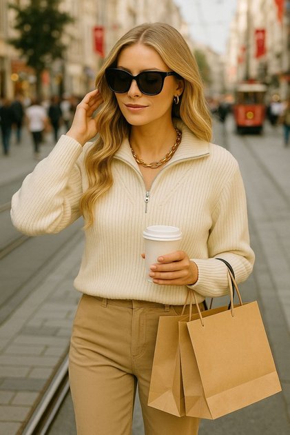 Women's Cream Half Fisherman Trend New Season Knitwear Top Sweater