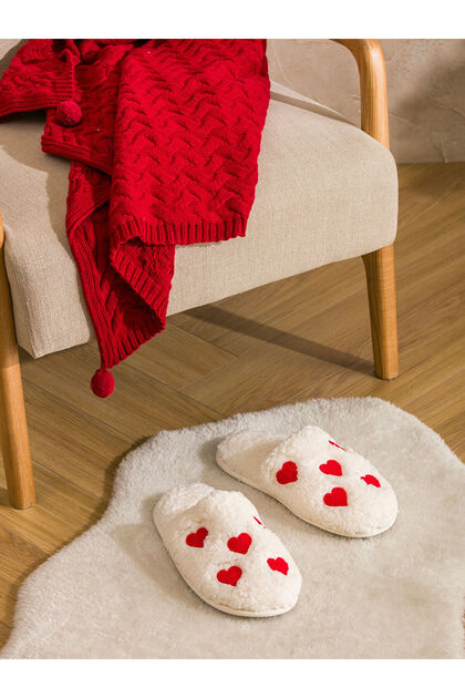 Red Heart Embroidered Plush Women's House Slippers