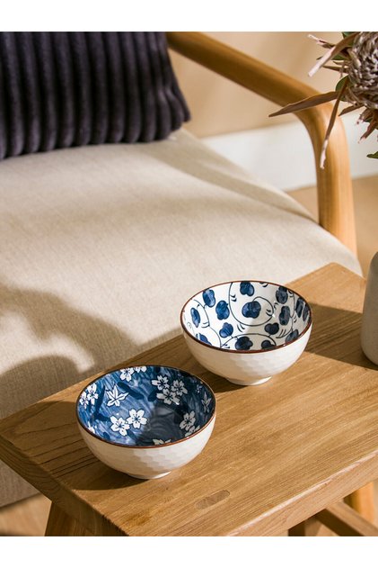 Blue Floral Ceramic Bowl Set of 2