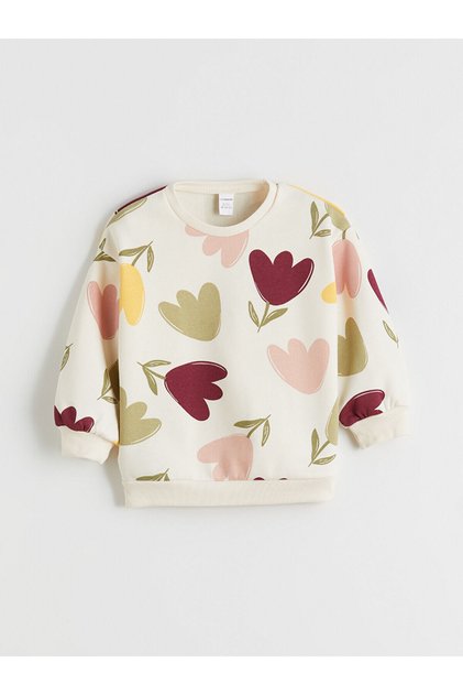 Ecru Crew Neck Floral Girl's Sweatshirt