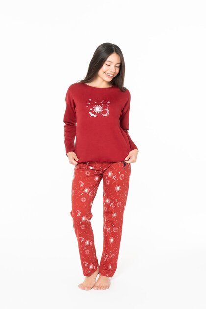 20155 Women's Burgundy Round Neck Long Sleeve Pajama Set