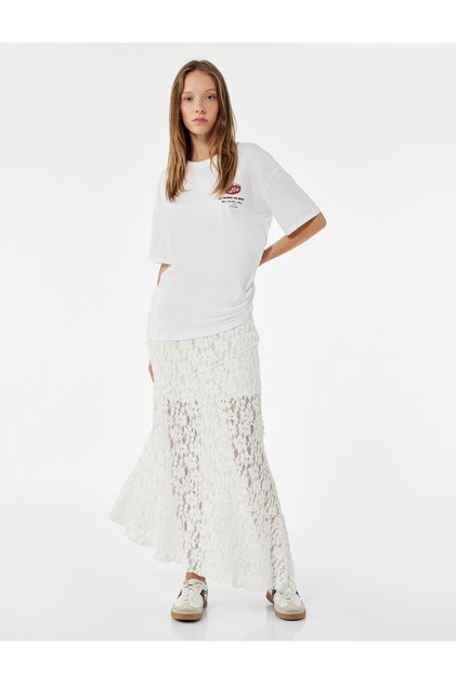 Asymmetrical Midi Length High Waist Lace Skirt