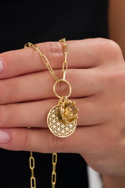 14 K Gold Kaplama 925 Ayar Gümüş Yaşam Çiçeği Doğal Sitrin Kolye