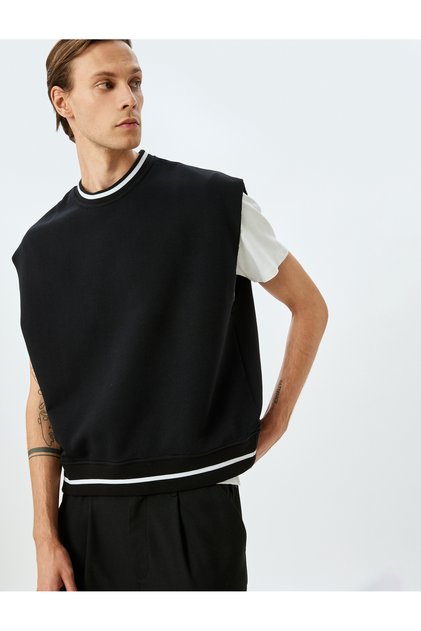 Crew Neck Stripe Detailed Raised Cotton Oversize Sweater