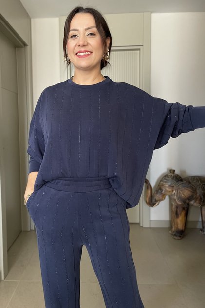 Shiny Stone Soft Textured Sweatshirt Tracksuit Set