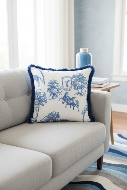 Elegant Vintage Horse Figured Luxury Fringed Pillowcase-Blue White Classic Country Tufted Throw Pillow Cover