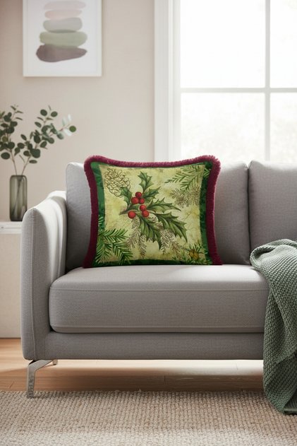Winter Garden Elegance Fringed Pillowcase - Natural Christmas Rustic Cream Green Tassel Throw Pillow Cover