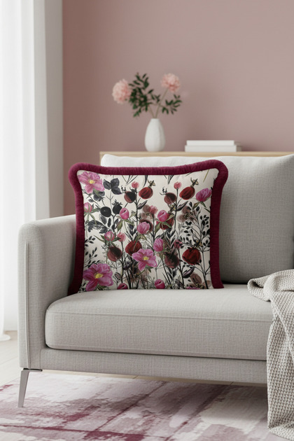 Luxury Floral Garden Fringed Pillowcase - Bohemian Burgundy Floral Tufted Throw Pillow Cover