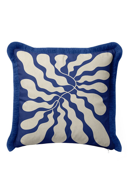 Abstract Wave Pattern Fringed Pillowcase - Energetic Modern Blue Cream Tufted Throw Pillow Cover